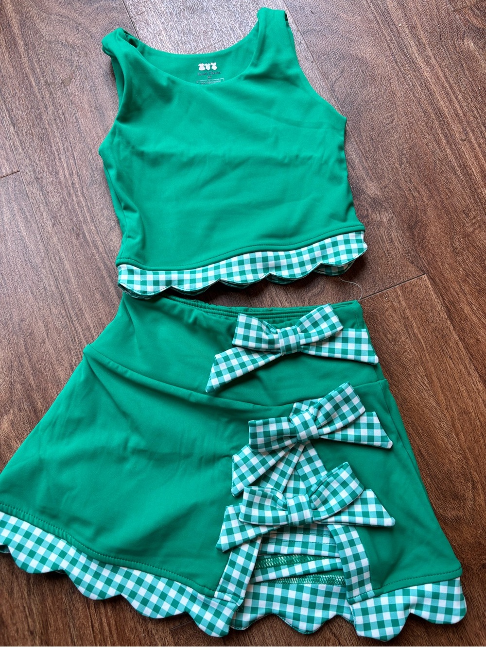 Girls Green Gingham-Trim Matching Set - Tank Top & Skirt Attached Shorts